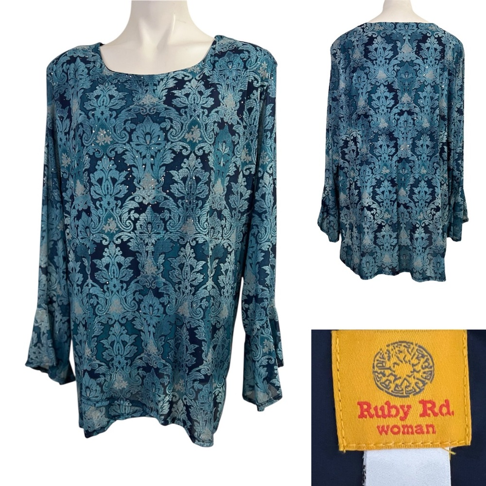 Ruby Rd. Tunic top Plus 3X‎ Jade Damask Mesh bell sleeve fall office casual